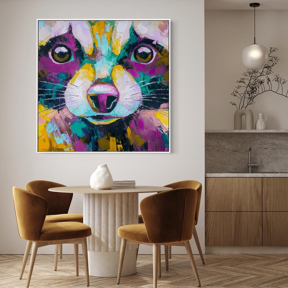 Obraz w ramie 80x80 - Przebudzenie snu artysty - zbliżenie, kolorowy portret szopa pracza - rama biała