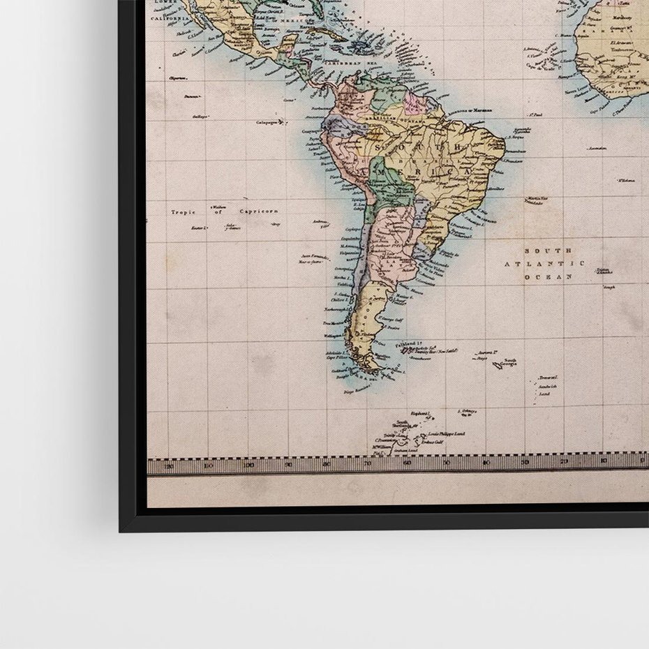 Obraz w ramie 50x50 - Światło Przeszłości - retro mapa świata, mapa - rama czarna