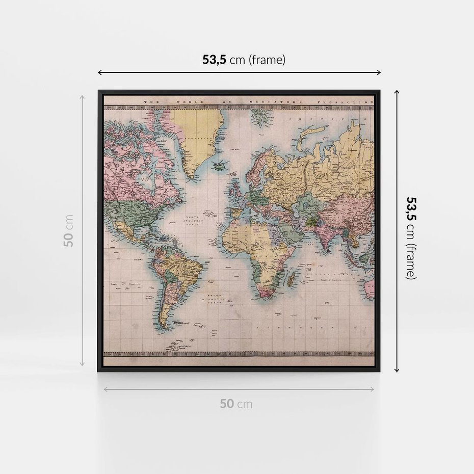 Obraz w ramie 50x50 - Światło Przeszłości - retro mapa świata, mapa - rama czarna