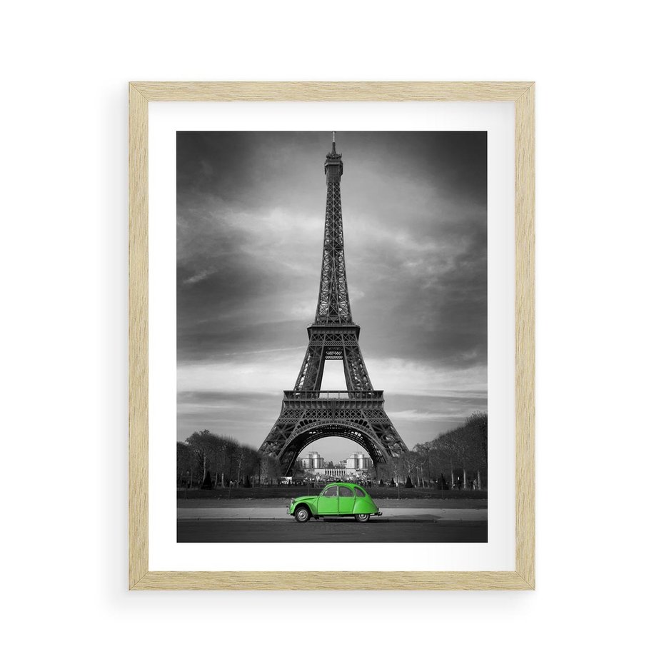 Plakat w ramie 40x50 - Paryskie Romantyczne Spotkanie - Eiffla, samochód - rama drewno