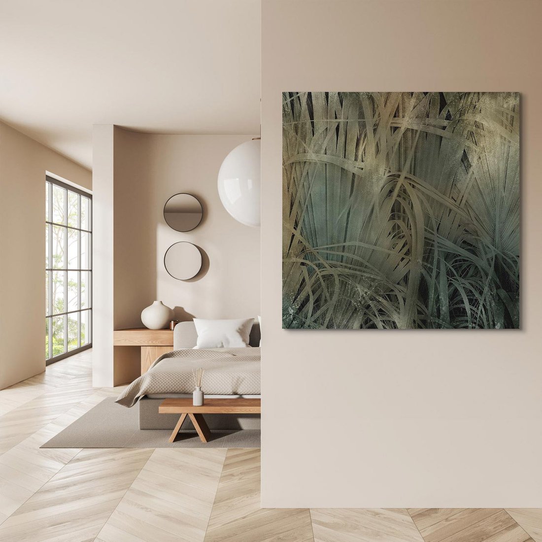 Obraz na płótnie 70x70 - Światło w mroku duszy - liście traw, mroczny klimat