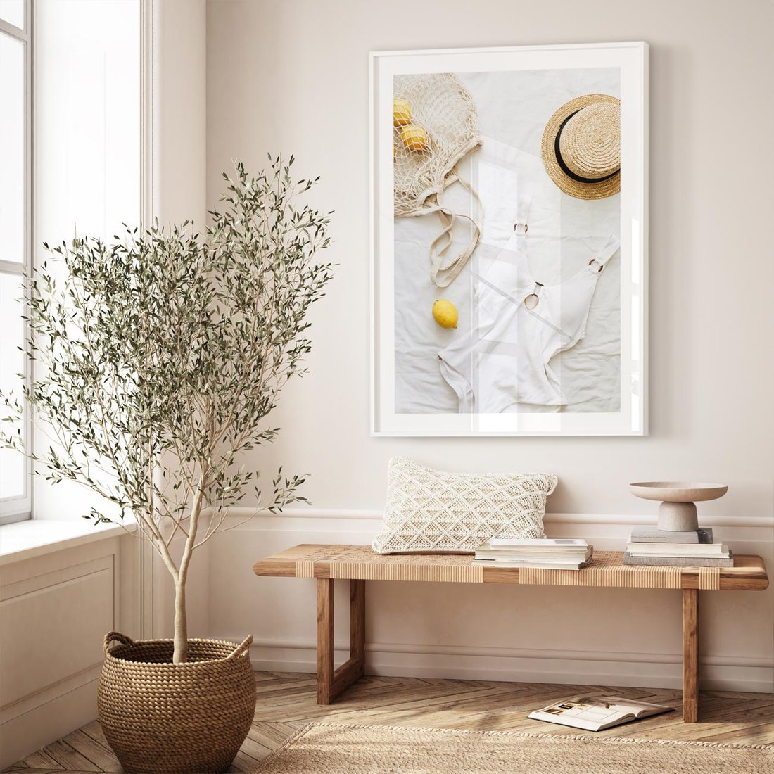 Plakat w ramie 40x50 - Moda na Wakacje: Cytrynowy Urok - kompozycja letnia, fashion - rama biała