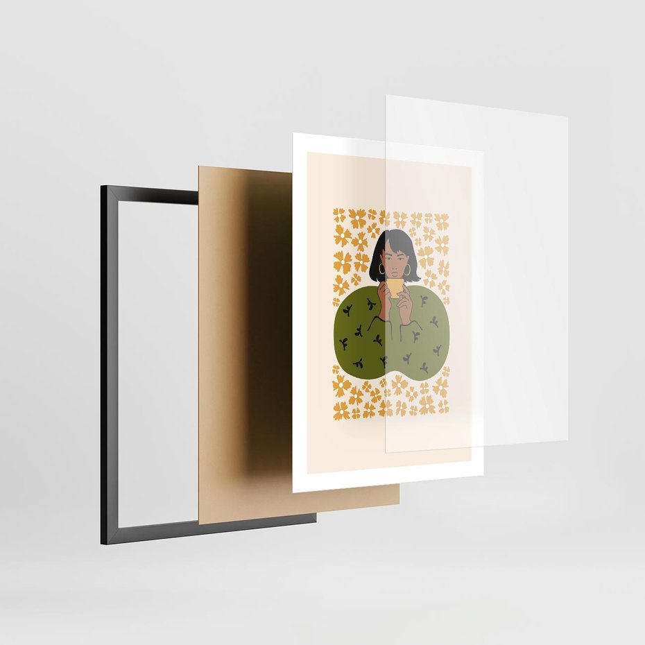 Plakat w ramie 50x70 - Wewnętrzne Fale - nowoczesny plakat, kobieta otoczona liśćmi - rama czarna