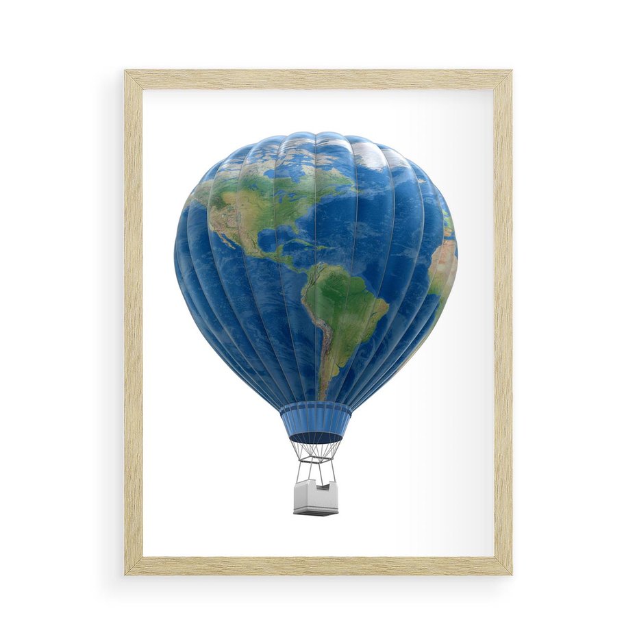 Plakat w ramie 50x70 - Podróżniczy balon nad ziemią - balon, ziemia - rama drewno