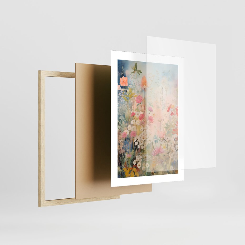 Zestaw obrazy w ramie 50x70 galeria - kwiaty, łąka, akwarela, boho - rama drewno