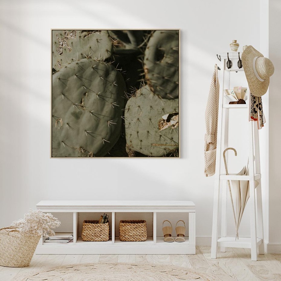 Obraz w ramie 80x80 - Urok Egzotyki - kaktusy, boho - rama drewno