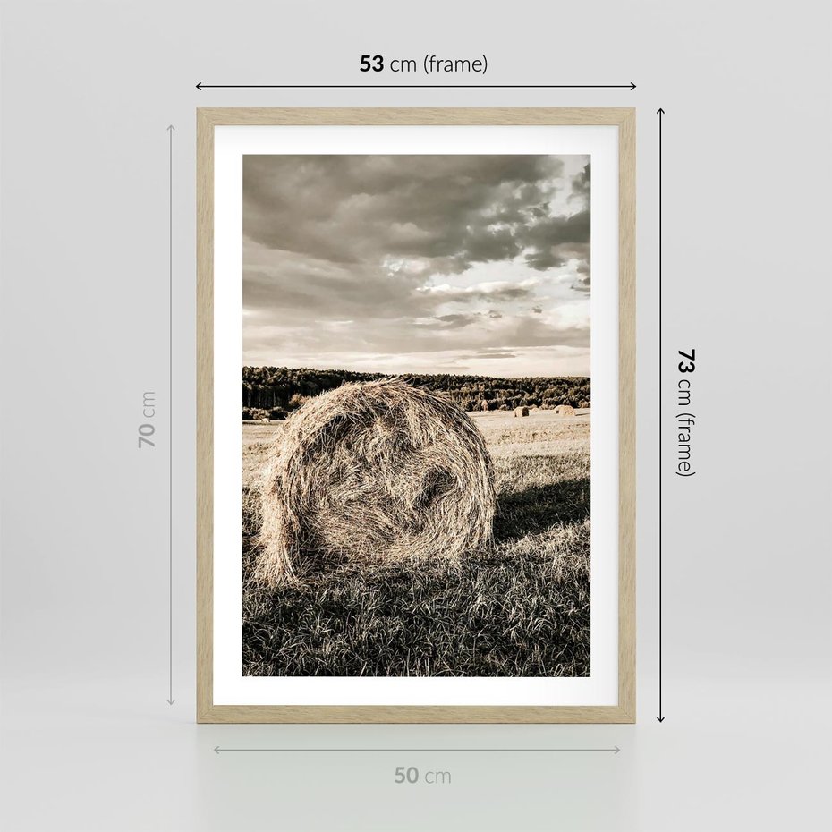 Plakat w ramie 50x70 - Ciepło Natury - snopki siana, pole - rama drewno