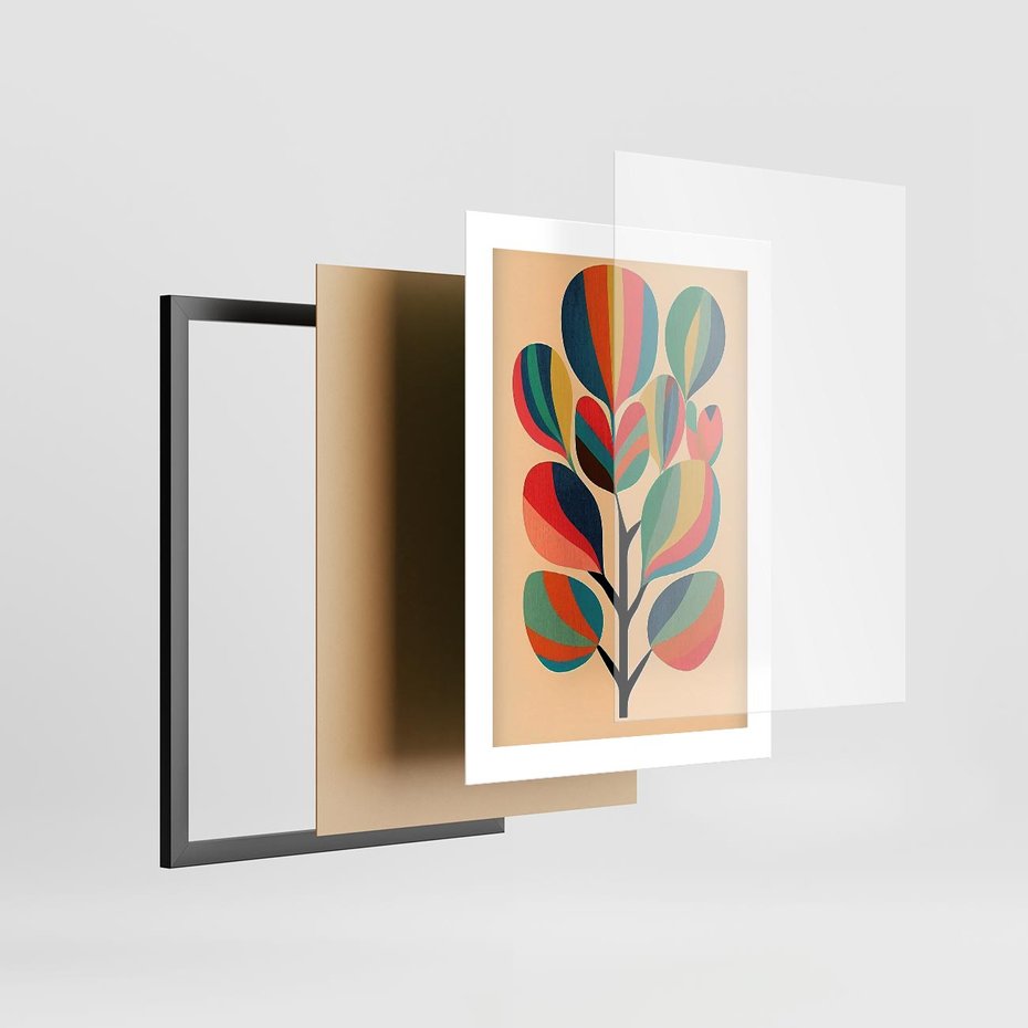 Plakat w ramie 30x40 - Harmonia Rozplątanych Form - abstrakcyjny kolorowy tęczowy obraz, inspiracje roślinne - rama czarna