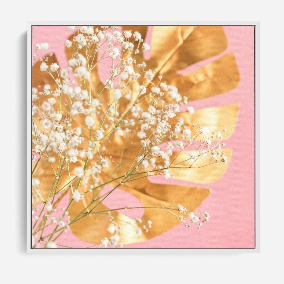 Obraz w ramie 50x50 - : Elegancja w Złocie - złote, liście - rama biała