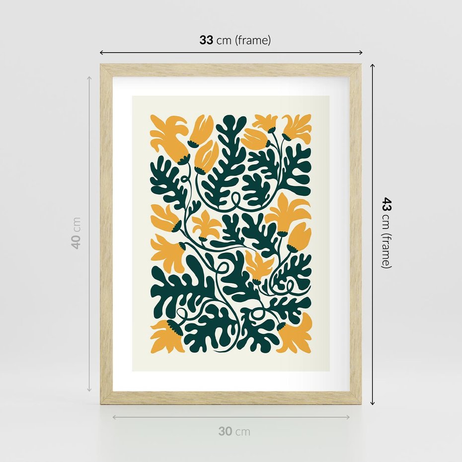 Plakat w ramie 30x40 - Impulsy Kreatywności - abstrakcyjne żółte kwiaty, kompozycja - rama drewno