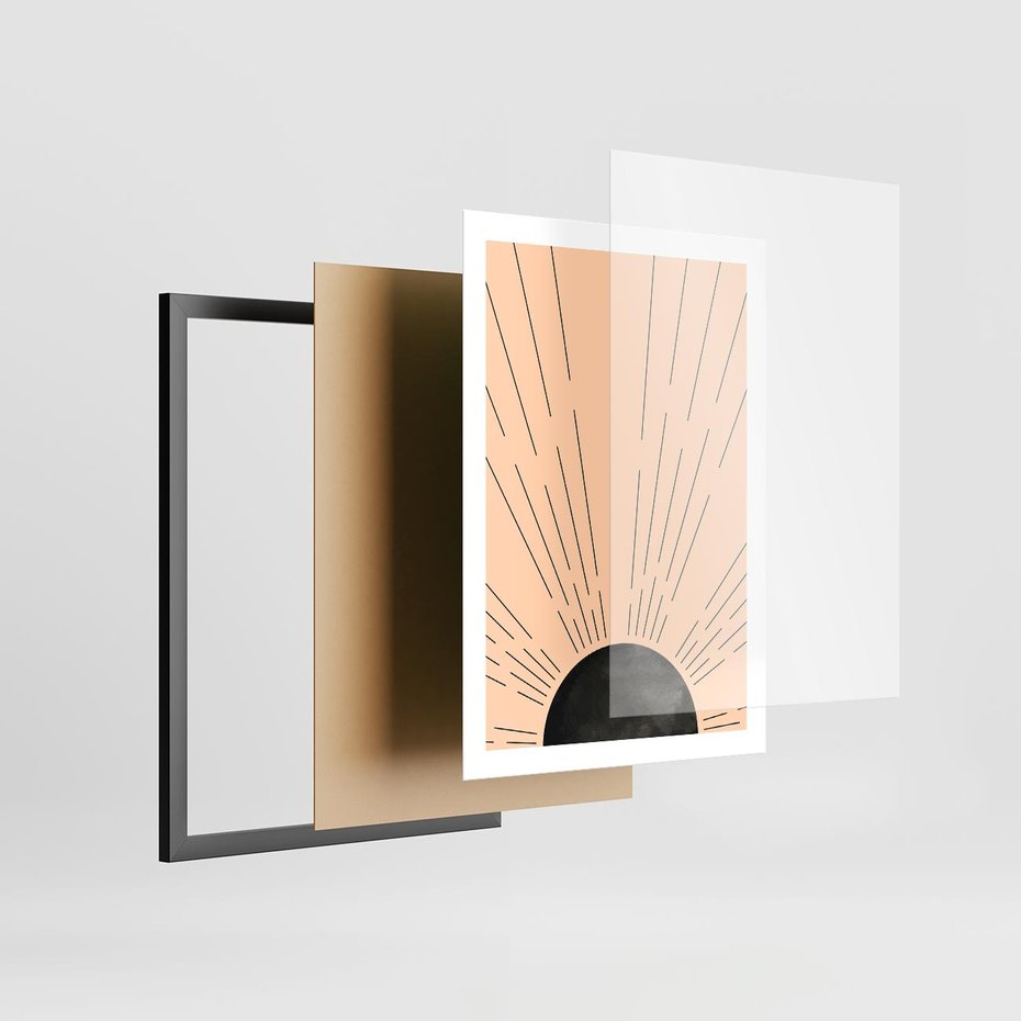 Plakat w ramie 50x70 - Migocące Kształty Promieni - boho czarne słońce, nowoczesna grafika - rama czarna