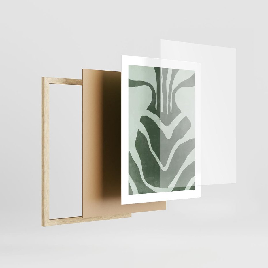 Plakat w ramie 30x40 - Zieleń Odpoczynku - zielony plakat, nieregularne splątane linie - rama drewno