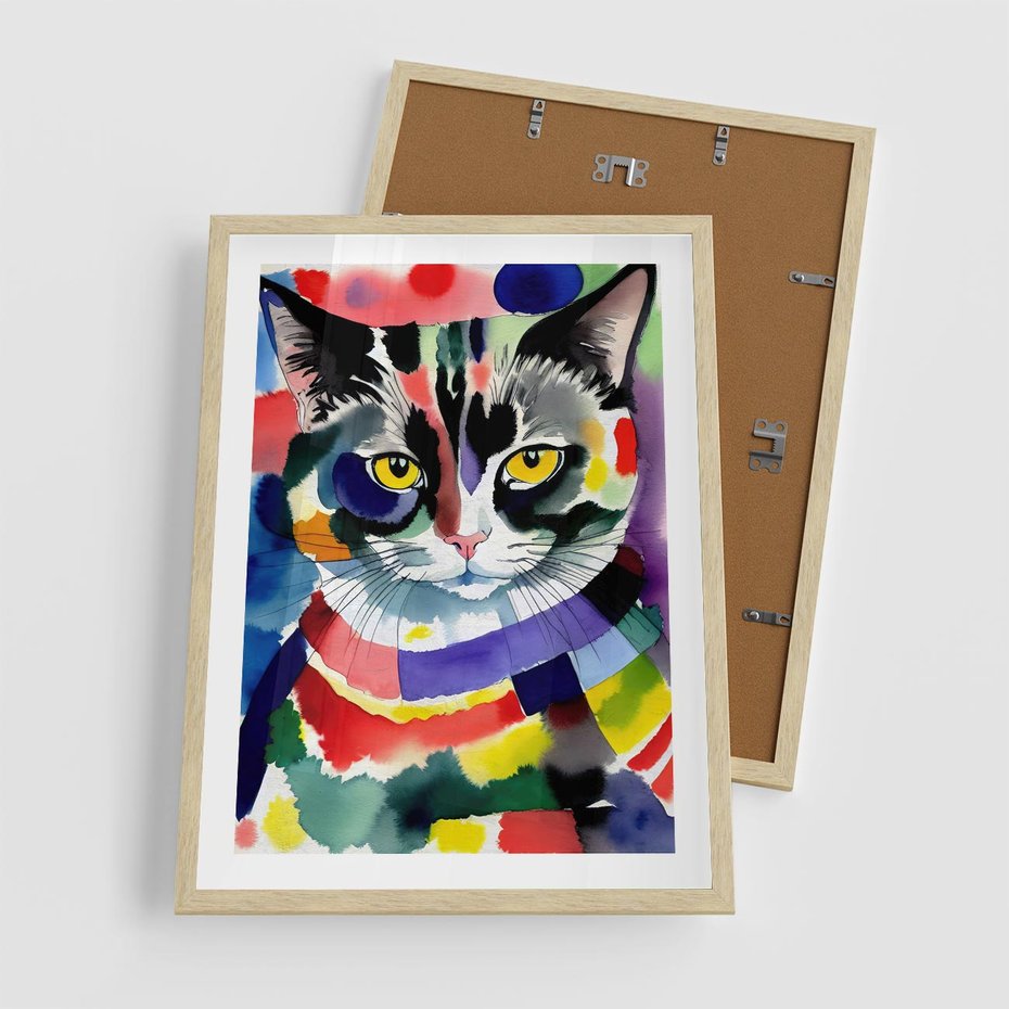 Plakat w ramie 50x70 - Koci Przyjaciel - abstrakcyjny obraz, akwarela - rama drewno