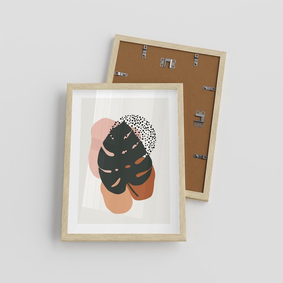 Plakat w ramie 30x40 - Minimalizm w Liściach Monstery: Plamy i Kropki - minimalizm, monstera plamy - rama drewno