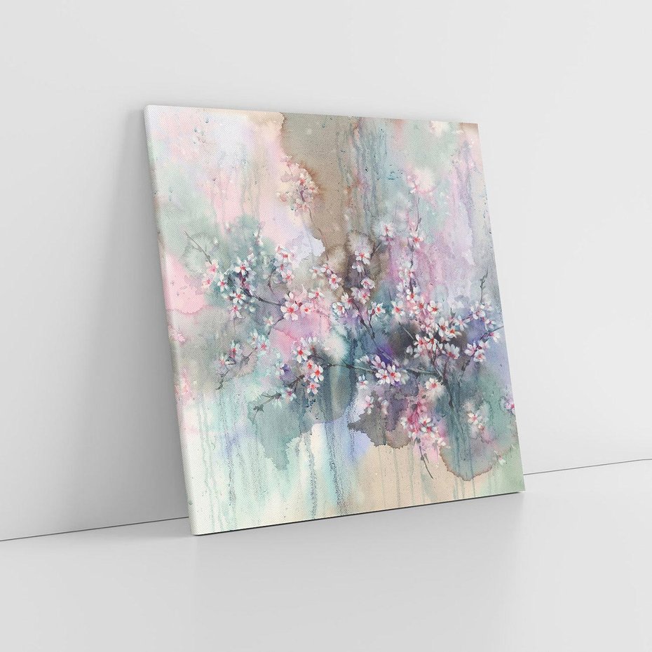 Obraz na płótnie 60x60 - Efemeryczne Kwitnienie Drzew - akwarela, rozmyte pastelowe tłó
