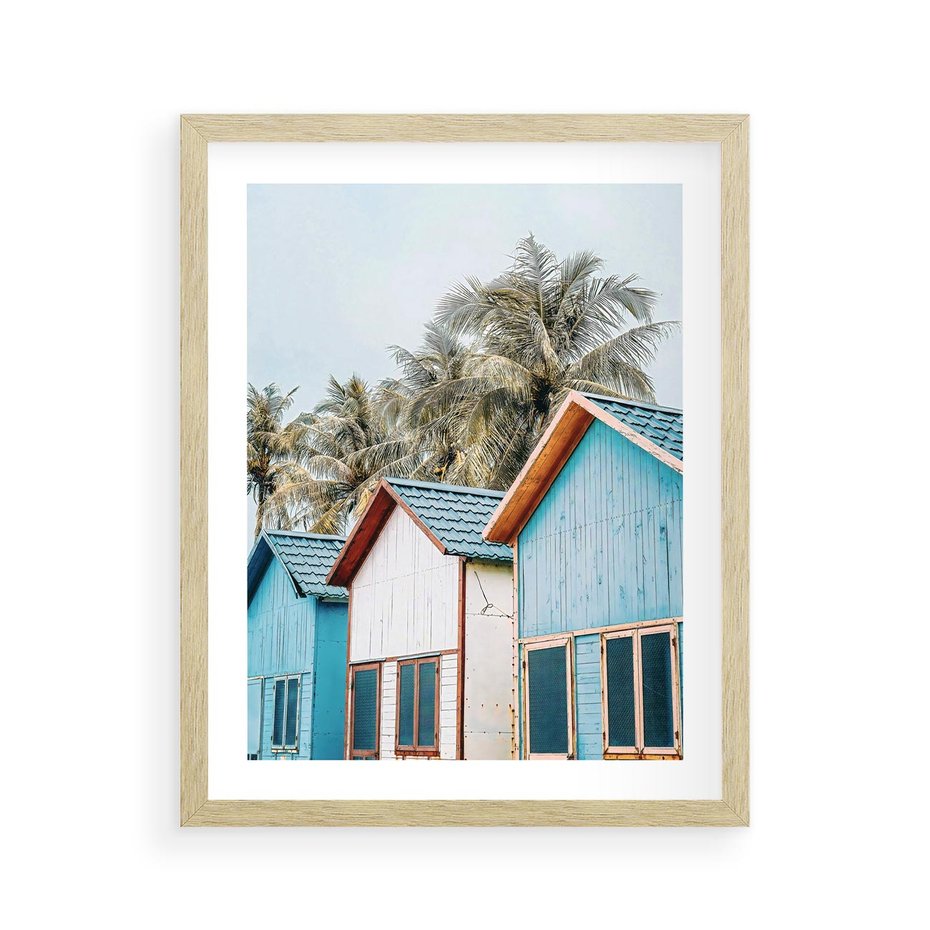 Plakat w ramie 40x50 - Rajskie Wakacje - domki na plaży, błękitne domki - rama drewno