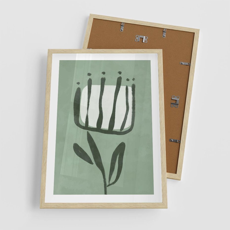 Plakat w ramie 50x70 - Objęcia Zieleni - zielona abstrakcja, zgaszona zieleń - rama drewno