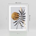 Plakat w ramie 50x70 - Grafika z Czarnym Liściem Palmy - czarny liść palmy, złóte kołó - rama biała