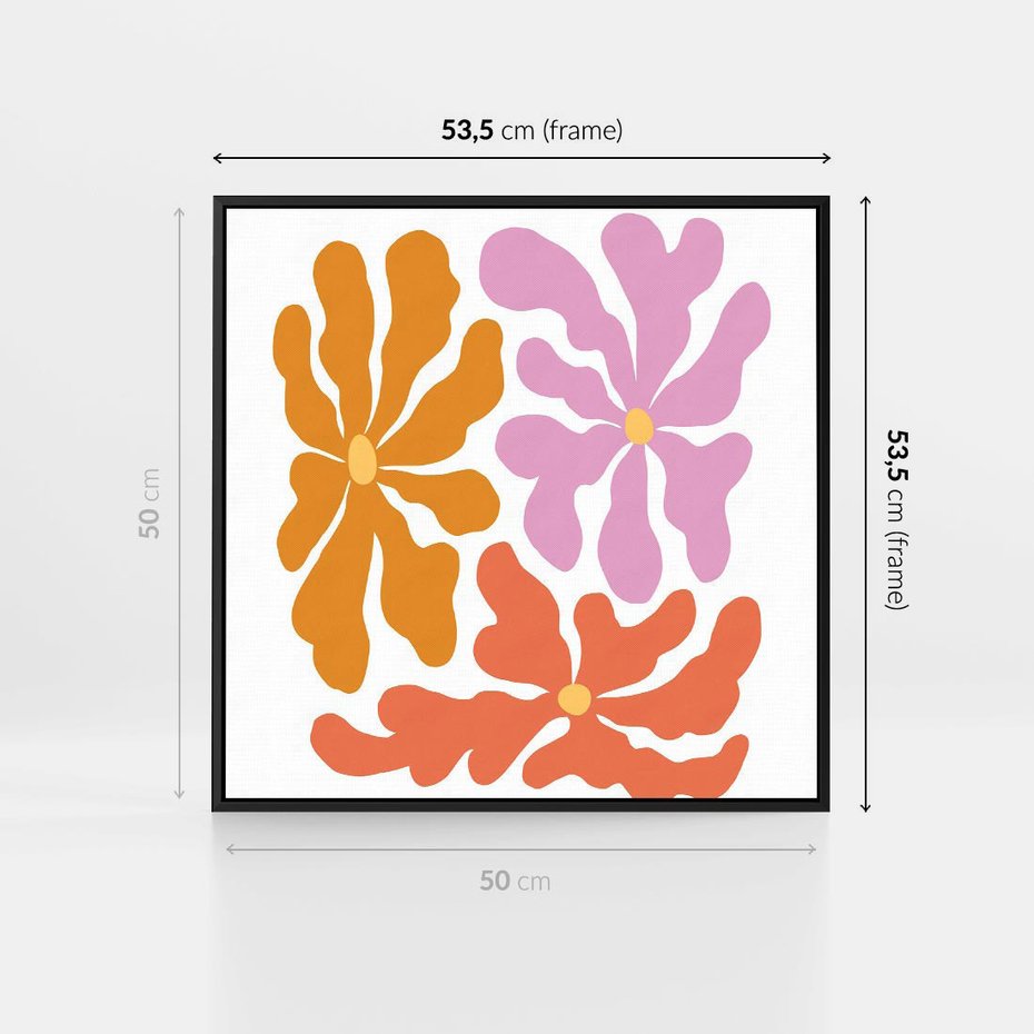 Obraz w ramie 50x50 - Rozbijające Refleksje - abstrakcyjne kolorowe kwiaty, minimlizm - rama czarna