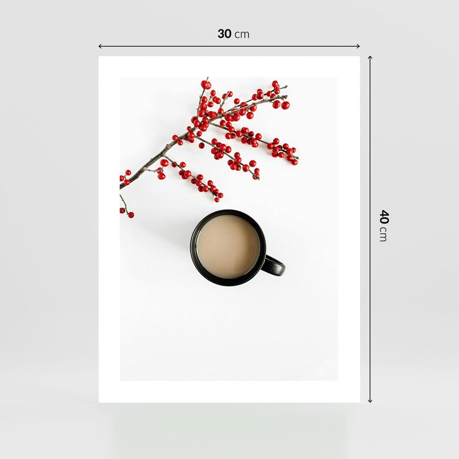 Plakat bez ramy 30x40 - Filiżanka Kawy z Gałązką Jarzębiny - kawa, gałązka jarzębiny