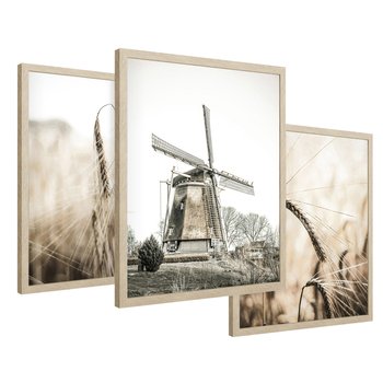 Zestaw obrazy w ramie 40x50 galeria - Pola, pszenicy, młyn, rustykalnie - rama drewno