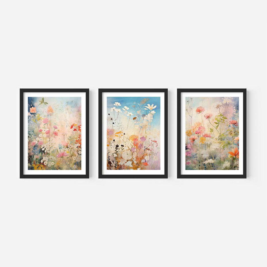 Zestaw obrazy w ramie 30x40 galeria - kwiaty, łąka, akwarela, boho - rama czarna