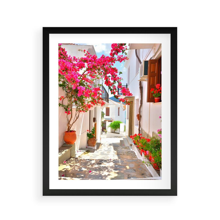 Plakat w ramie 40x50 - Kwiatowa uliczka wakacji - kwiaty, uliczka - rama czarna