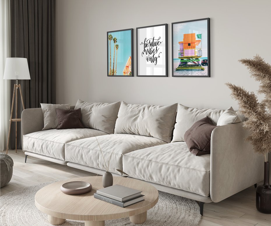 Zestaw obrazy w ramie 30x40 galeria - Pozytywny, cytat, plaża, palmy, wakacje - rama czarna