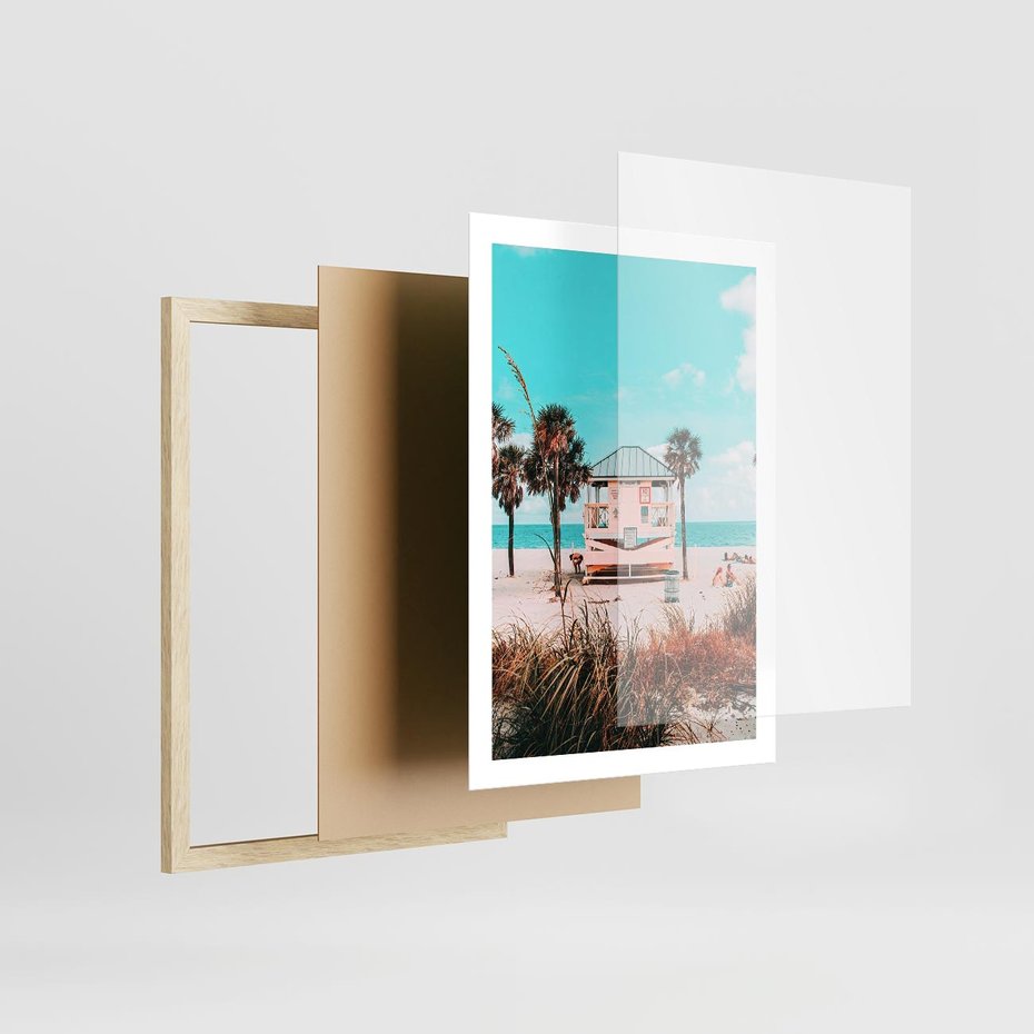 Plakat w ramie 50x70 - Plaża, Palmy i Spokój Miami - budka ratownika, plaża Miami - rama drewno