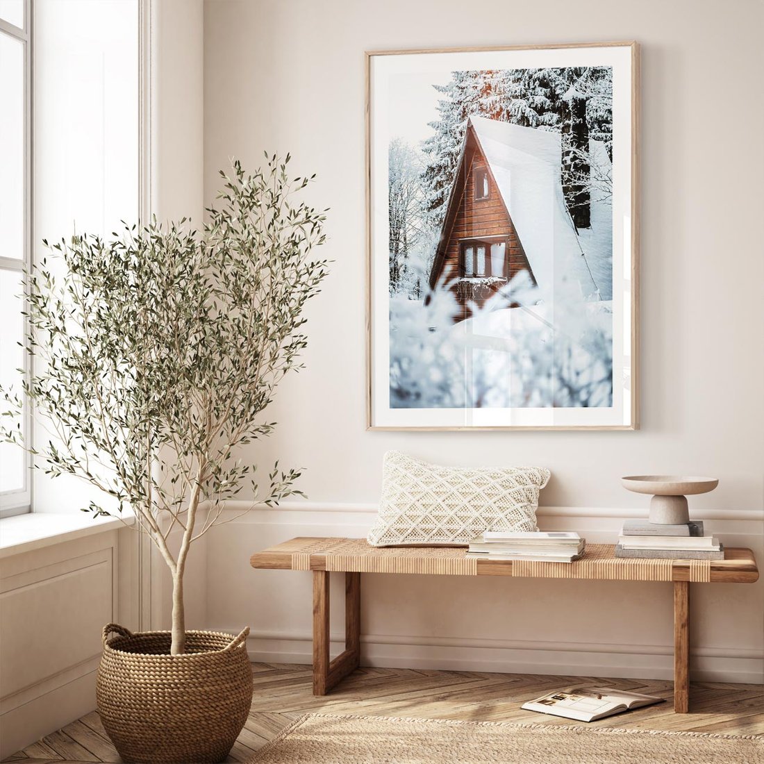 Plakat w ramie 50x70 - Zimowe Ustronie w Lesie - domek w lesie, zimowy las - rama drewno