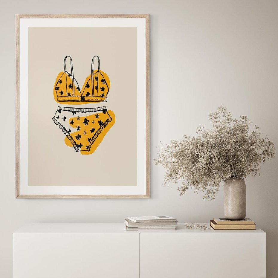 Plakat w ramie 50x70 - Minimalistyczny Szkic Bielizny - minimalistyczna grafika, szkic bielizny - rama drewno