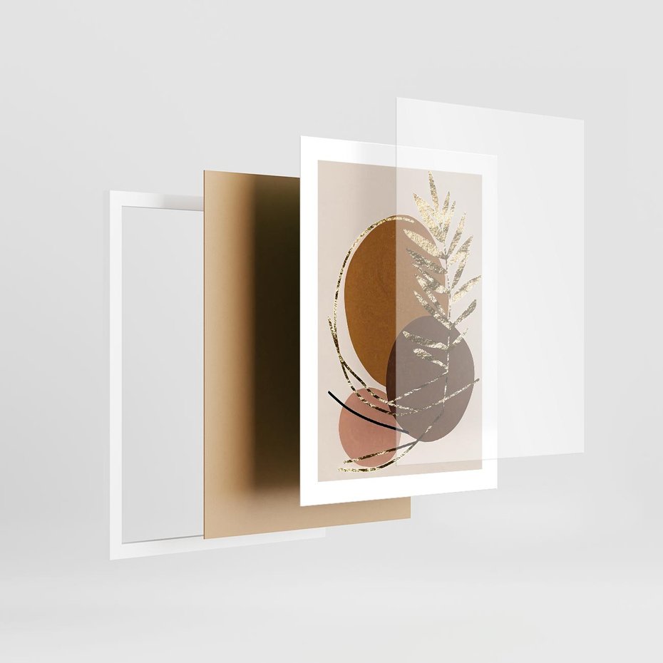 Plakat w ramie 30x40 - Taniec Przenikających Odbić - abstrakcyjny obraz, złote liście palmy - rama biała