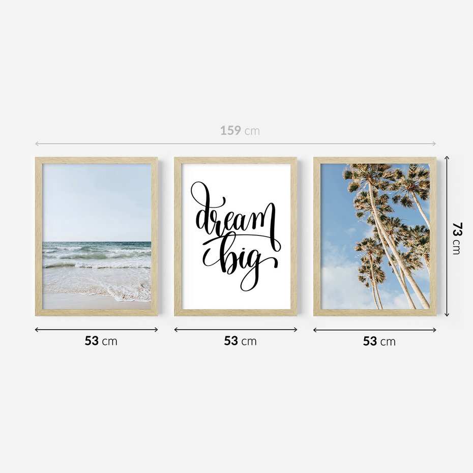 Zestaw obrazy w ramie 50x70 galeria - Dream, big, palmy, morze - rama drewno