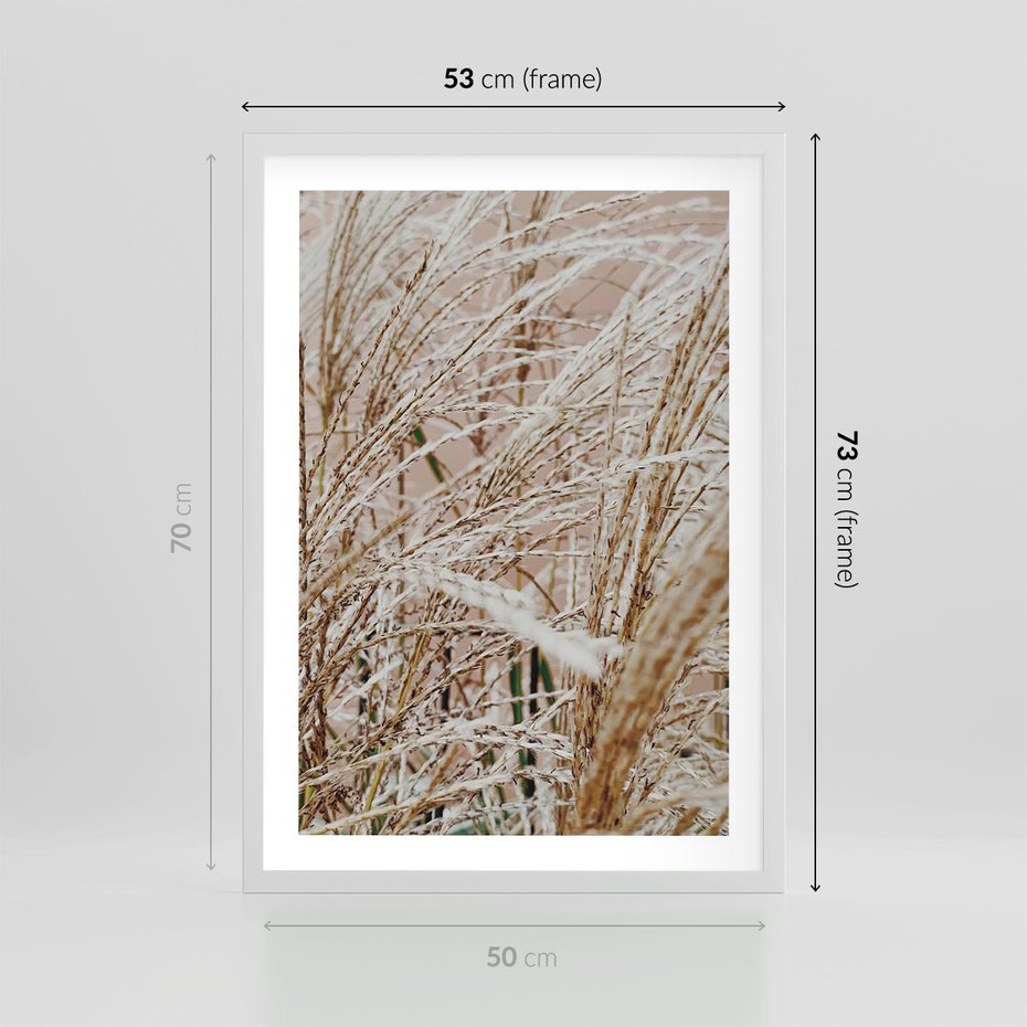 Plakat w ramie 50x70 - Beżowa Trawa - suche trawy, zbliżenie - rama biała