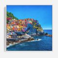 Obraz w ramie 80x80 - Barwne Wybrzeże - nadmorskie miasto na klifie, kolorowe tęczowe budynki - rama biała