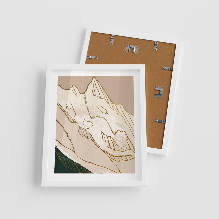 Plakat w ramie 40x50 - Góry w Złocie i Minimalizmie - grafika, złote góry - rama biała