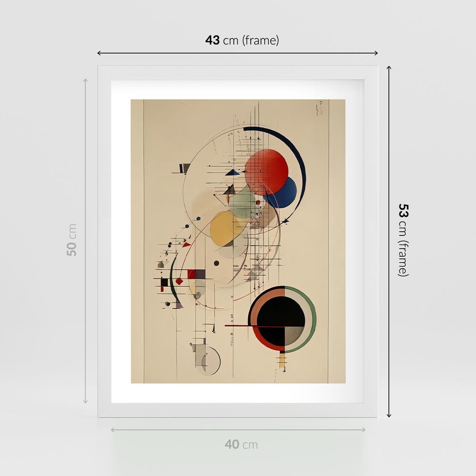 Plakat w ramie 40x50 - Impulsy Wydobyte z Cienia - abstrakcyjna geometryczna kompozycja, koła linie - rama biała
