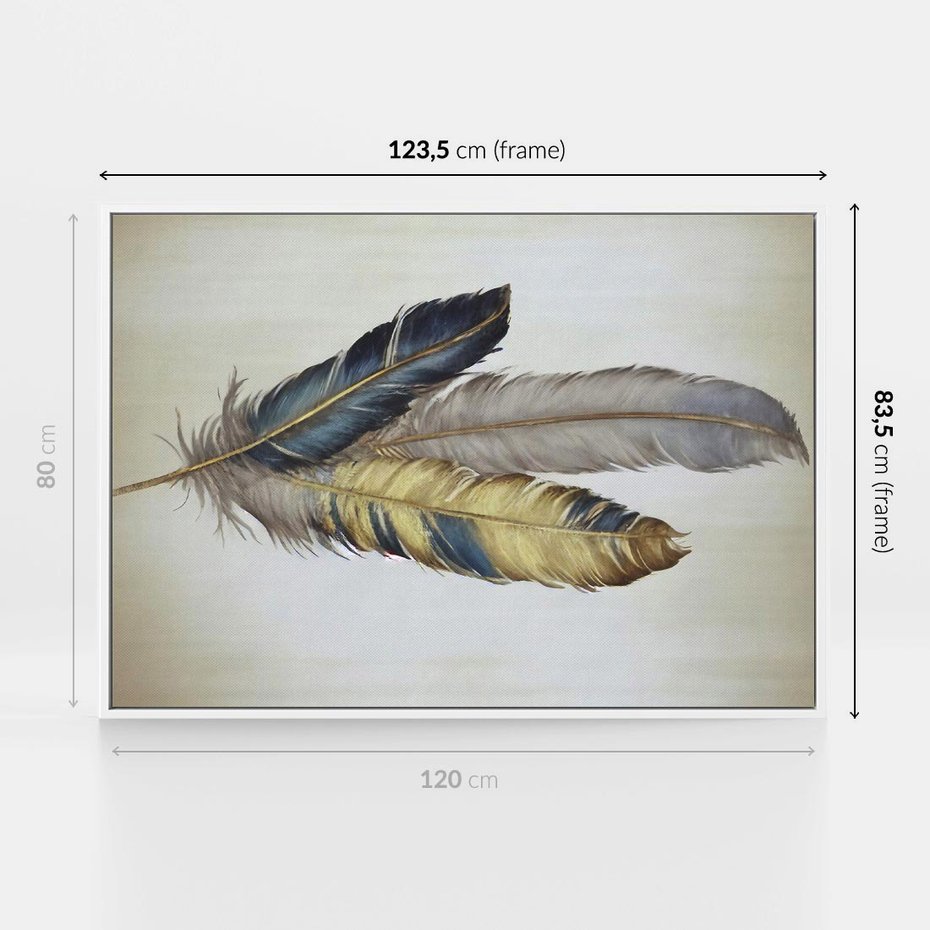 Obraz w ramie 120x80 - Granatowo-Złote Pióra - sztuka, granatowe i złote pióra - rama biała