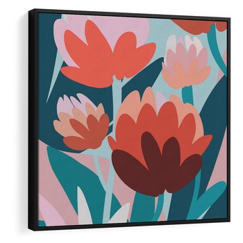 Obraz w ramie 50x50 - Symfonia Kwiatów - abstrakcyjna kompozycja kwiatowych form, kolor zgaszone - rama czarna