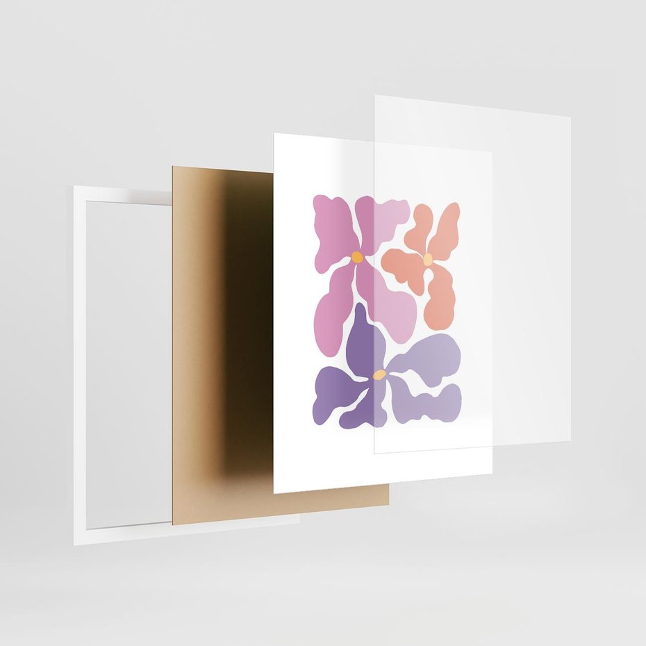 Plakat w ramie 40x50 - Bezgraniczne Wibracje - abstrakcyjne kolorowe kwiaty, minimlizm - rama biała