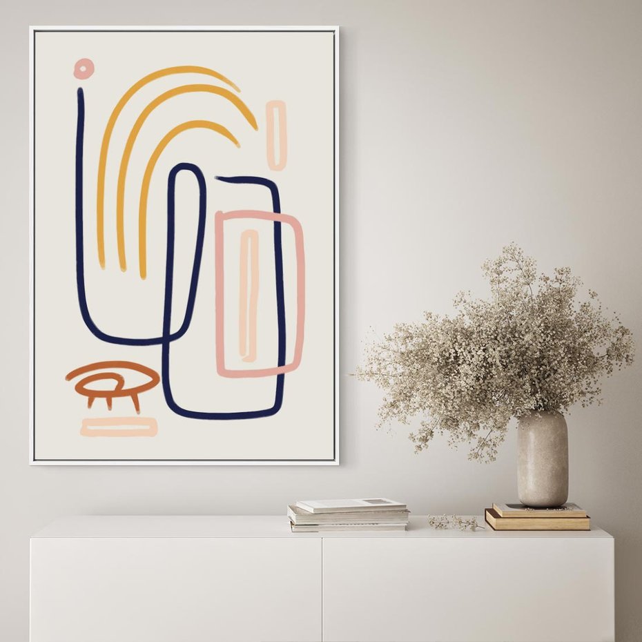 Obraz w ramie 70x100 - Abstrakcyjne Mrugnięcie - abstrakcja w stylu picasso, beżowe tło - rama biała