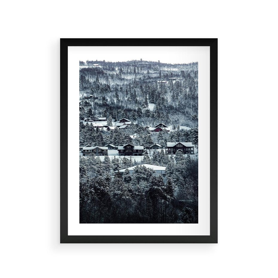 Plakat w ramie 30x40 - Domki w Chmurach - górski zimowy krajobraz, dommki na wzgórzach - rama czarna