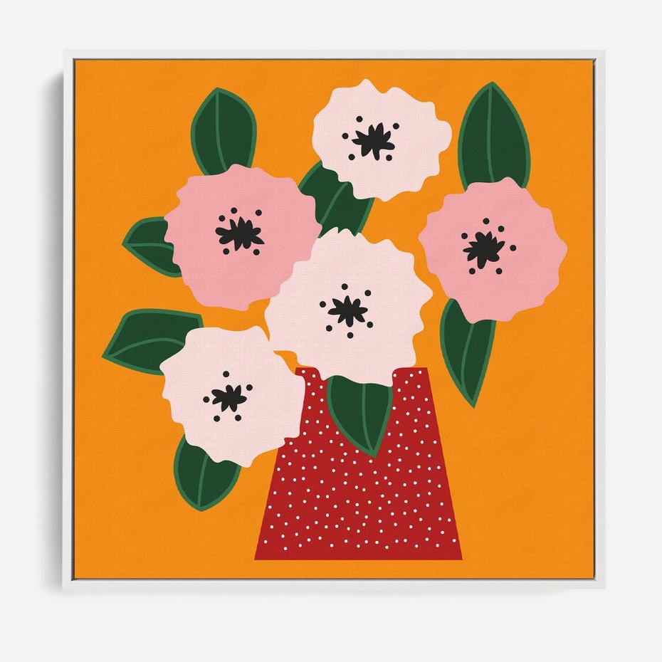 Obraz w ramie 80x80 - Harmonijne Granice - abstrakcyjne kwiaty, żółte tło - rama biała