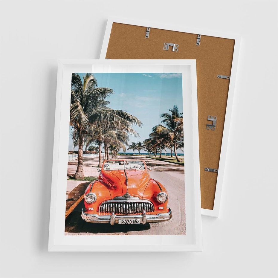 Plakat w ramie 50x70 - Retro Przejażdżka - pomarańczowy retro samochód, kabriolet - rama biała