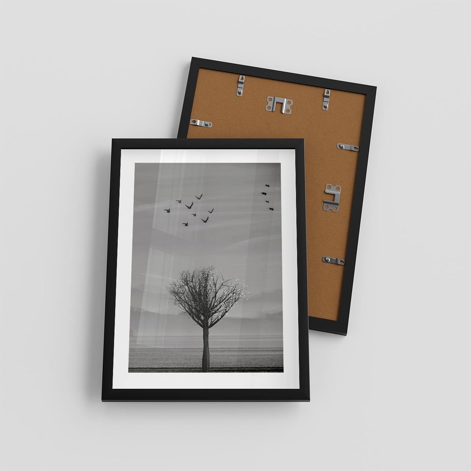 Plakat w ramie 30x40 - Samotne Drzewo - samotne drzewo w polu, czarno białe zdjęcie - rama czarna