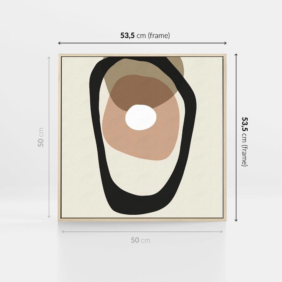 Obraz w ramie 50x50 - Intrygujące Zaskoczenia - beżowa abstrakcyjna kompozycja, czarny akcent - rama drewno