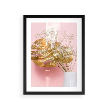 Plakat w ramie 40x50 - Złoty Akcent - złoty liść montery, gipsówka - rama czarna