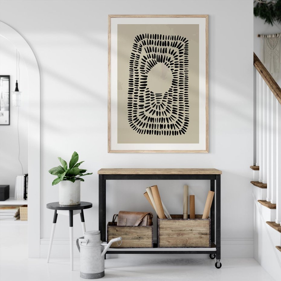 Plakat w ramie 30x40 - Zaklęte Wnętrza - boho plakat, czarne kropki kreski - rama drewno