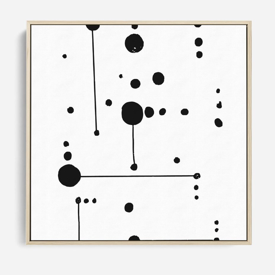 Obraz w ramie 50x50 - Nocne Zawirowania - abstrakcyjny plakat, czarne kropki i kreski - rama drewno