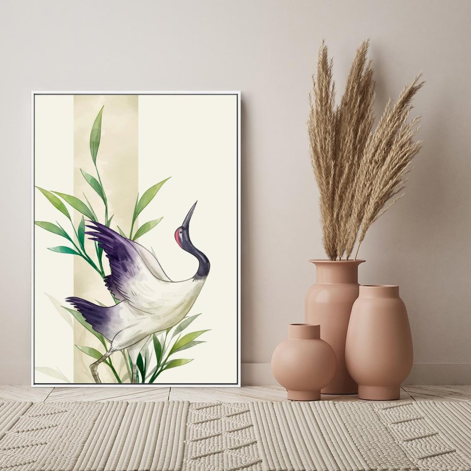 Obraz w ramie 50x70 - Migocące Ptaki - japońska sztuka, ptak - rama biała